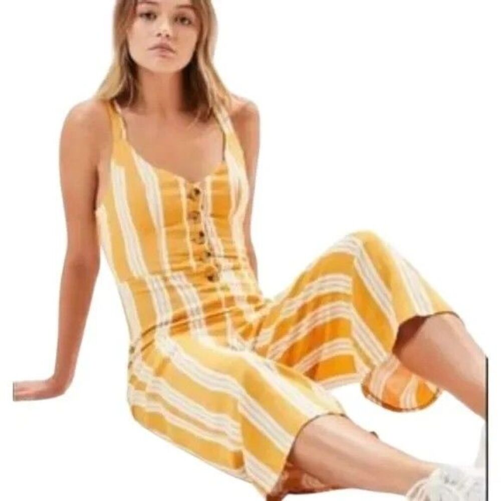 Cali 1850 Pac Sun Linen Blend Mustard Stripe Open Back Wide Leg Jumpsuit Sz XL